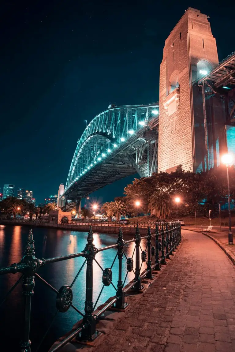 A stunning night view of Sydney Harbour Bridge with glowing lights and water reflections.