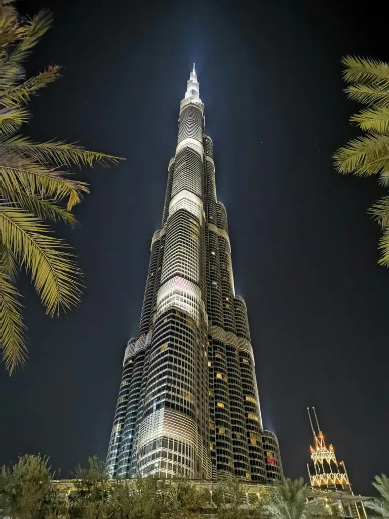 Stunning night view of Burj Khalifa illuminated against the Dubai skyline, framed by palm trees.